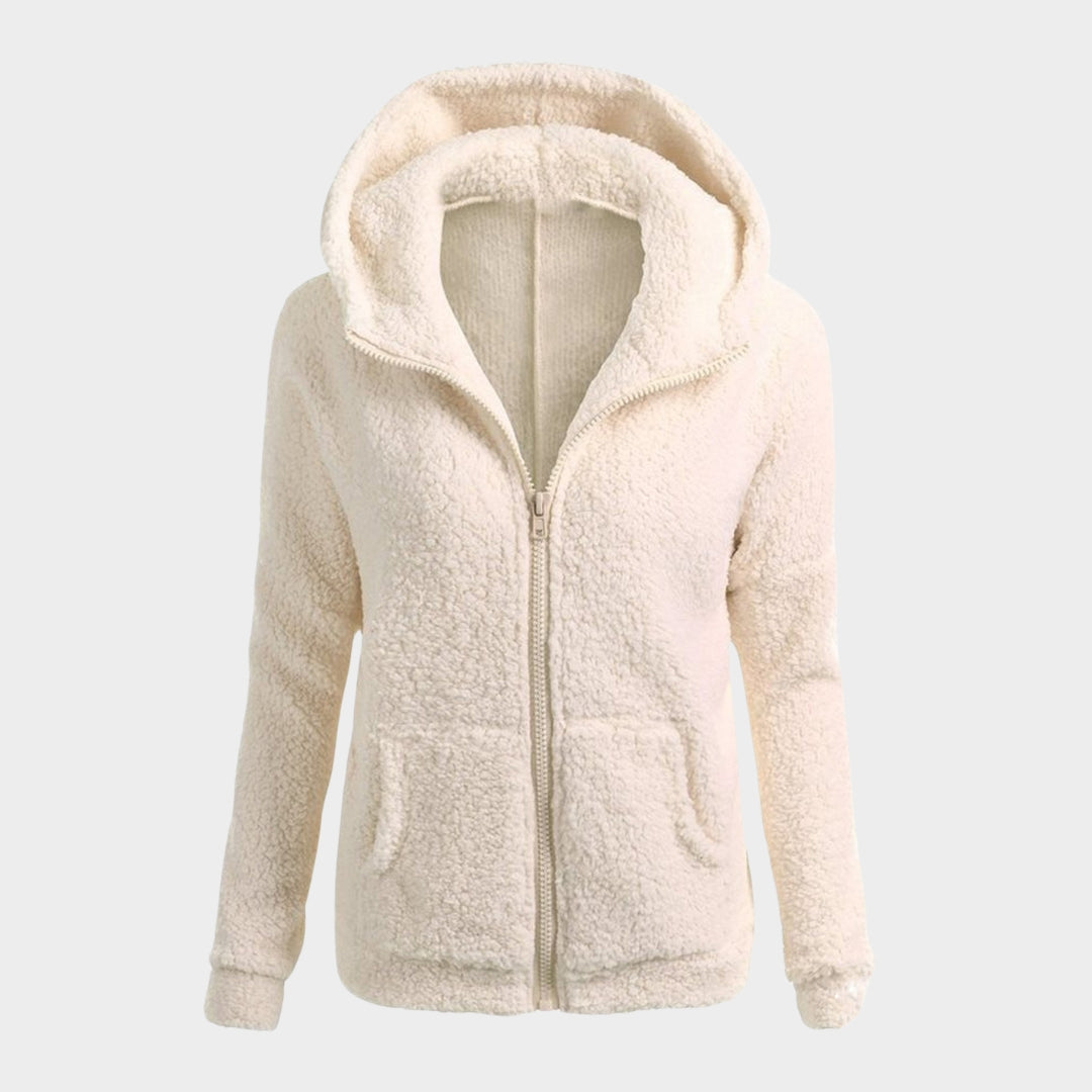 Women’s Hooded Plush Zip-Up Coat – Soft Loose Sweatshirt, Solid Color, Warm Top for Autumn & Winter, Pink, Beige, Black