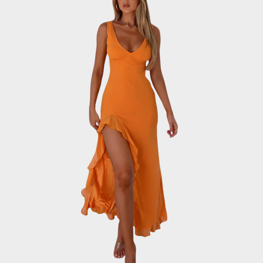 Women’s Elegant Ruffle Midi Dress – High Split Backless Design – Soft Lightweight Fabric with Slim Fit – Multiple Colours
