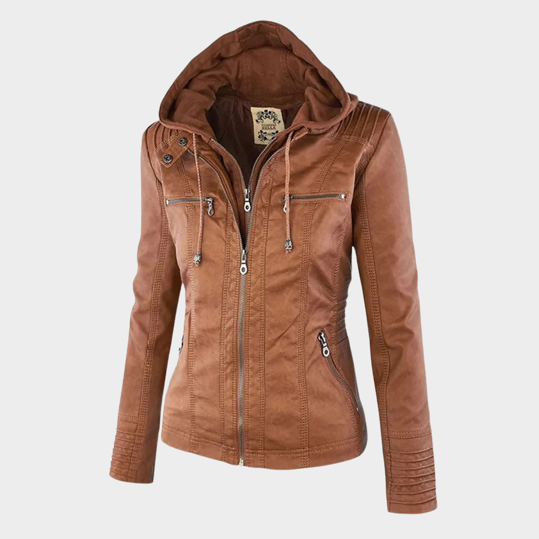 Women’s Faux Leather Jacket – Motorcycle Style – Zip Closure – Hooded Design – Multiple Colours