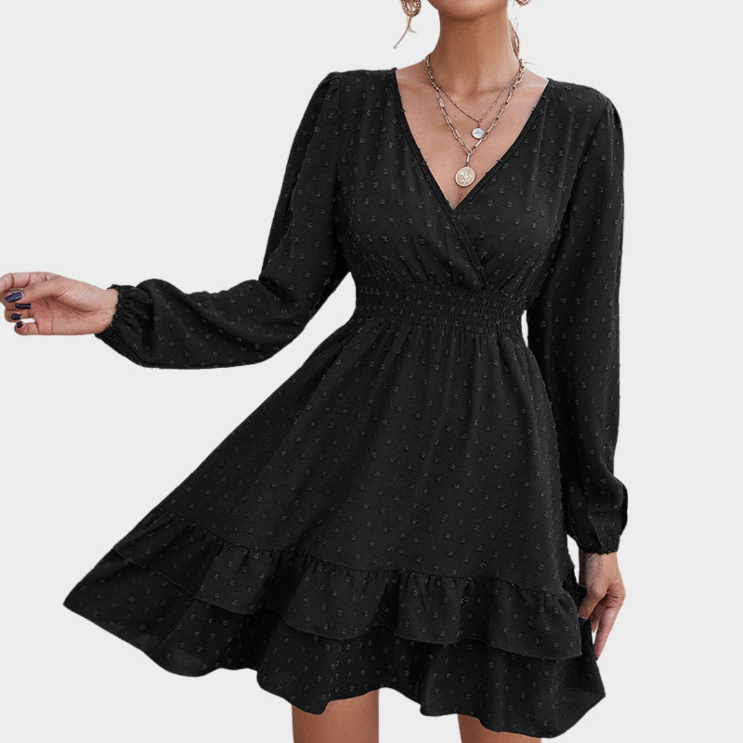 Women's Chiffon A-Line Dress - V-Neck - Long Lantern Sleeve - Waist Ruffle Detail - Multiple Colours