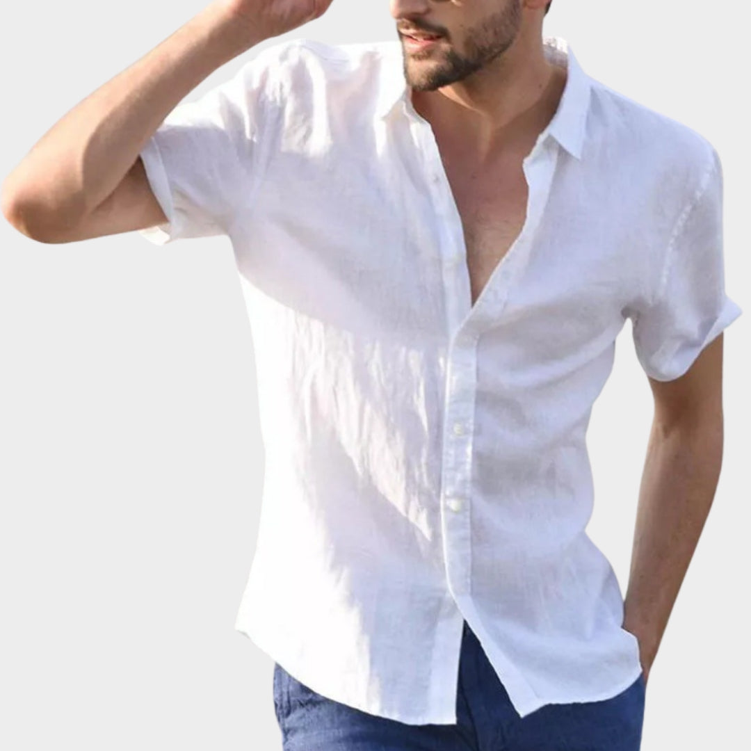 Men's Short-Sleeve Shirt - Turn-Down Collar - Cotton Linen Blend - Lightweight & Breathable - Multiple Colours