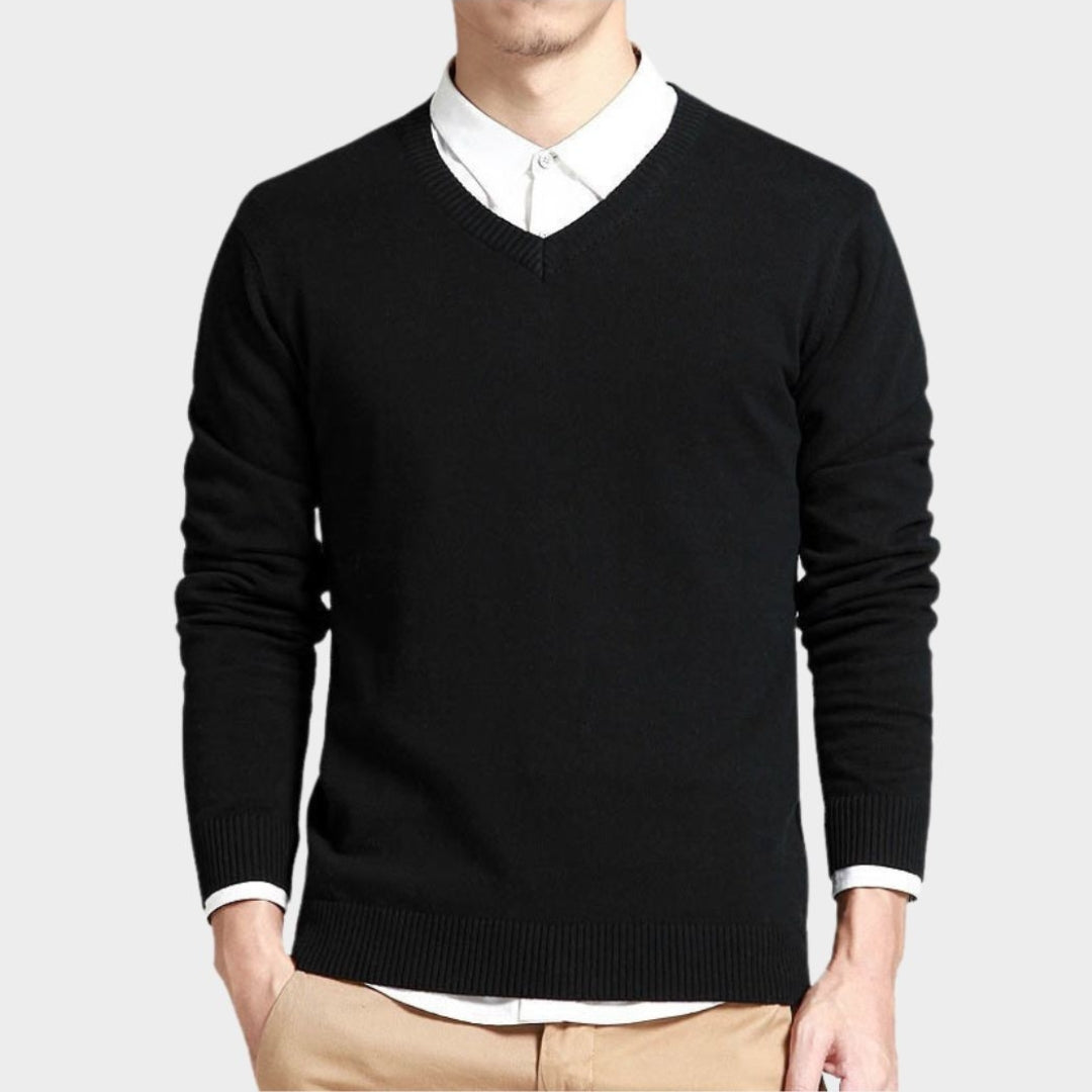 Men's V-Neck Cotton Sweater – Long Sleeve Loose Fit Knitwear, Korean Style, Black/Blue/White/and More
