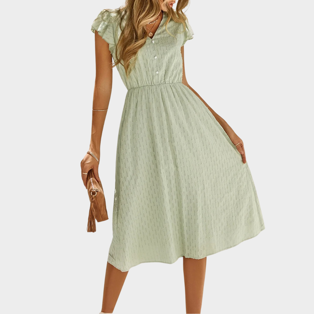 Women’s V-Neck Buttoned Midi Dress – Elegant Flutter Short Sleeve Fit with Solid Colour Design – Soft Lightweight Fabric – Multiple Colours