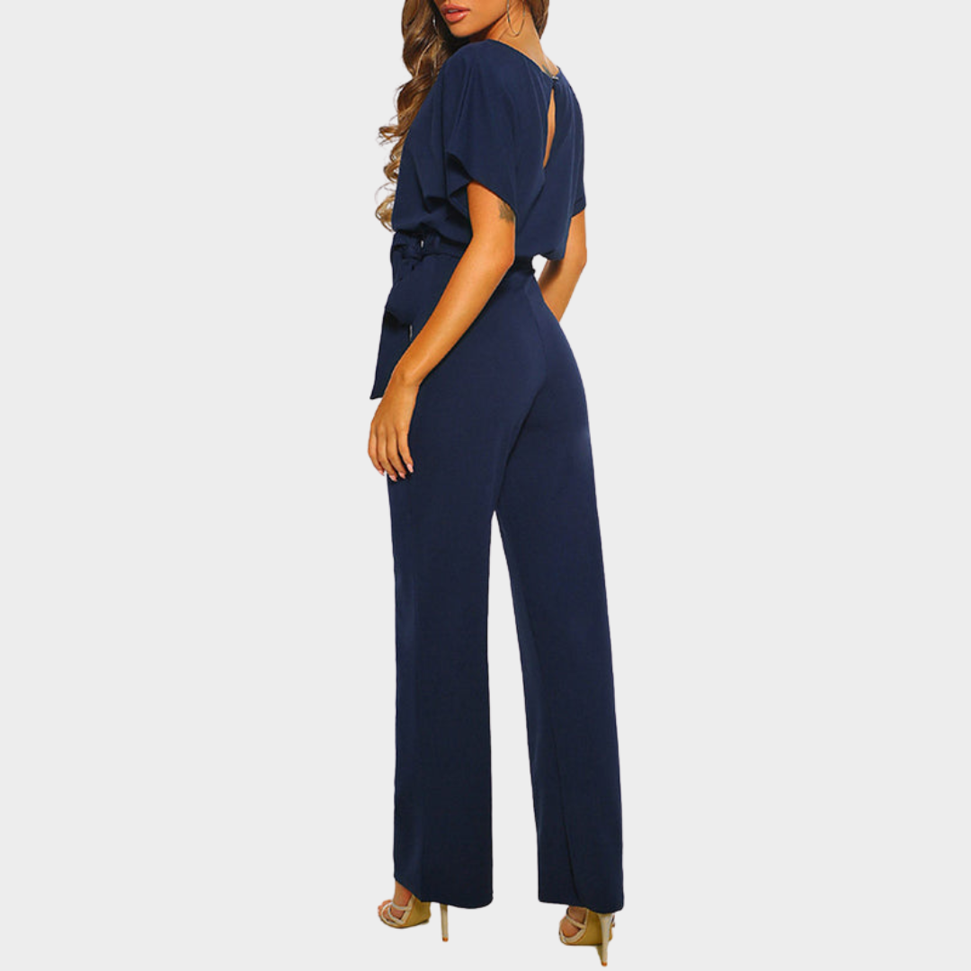 Women's Jumpsuit – Elegant Short Sleeve – Hollowed Waist – Tie Belt – Wide-Leg – Multiple Colours