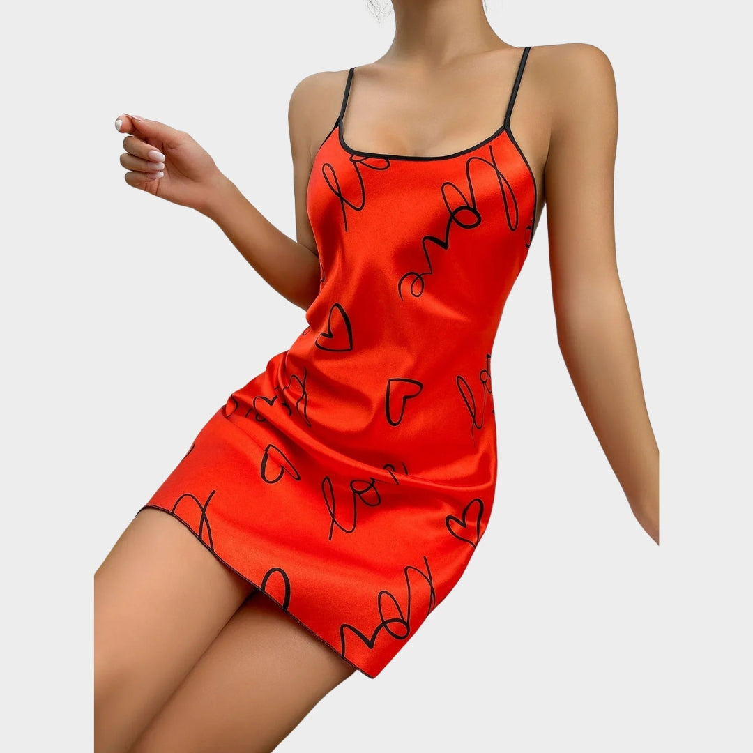 Women's Satin Nightdress - Heart Print - Scoop Neck & Criss-Cross Back - Soft & Comfortable Sleepwear