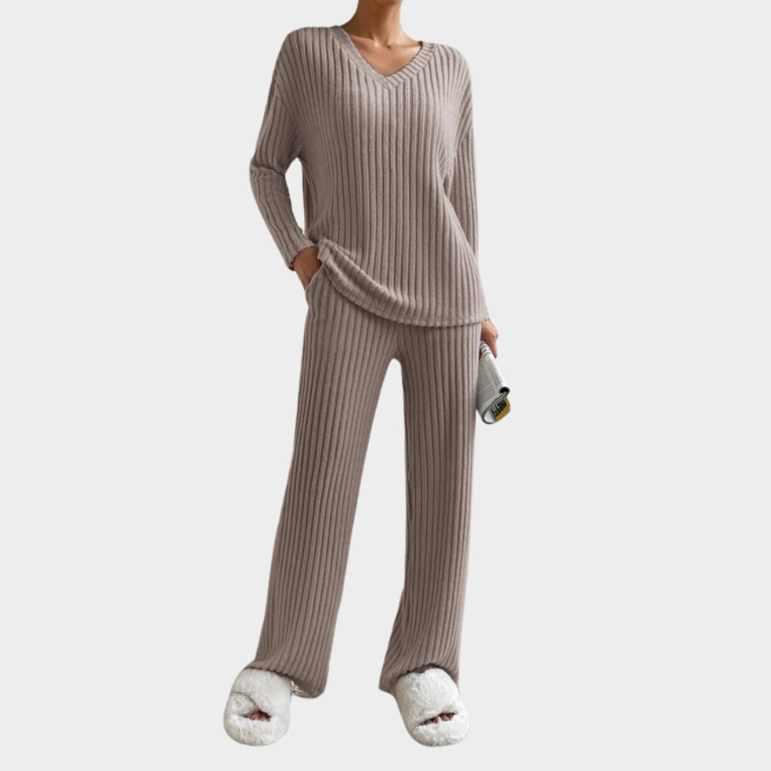 Women's Knitted Two-Piece Set - V-Neck Top & Straight-Leg Trousers - Soft & Comfortable - Multiple Colours