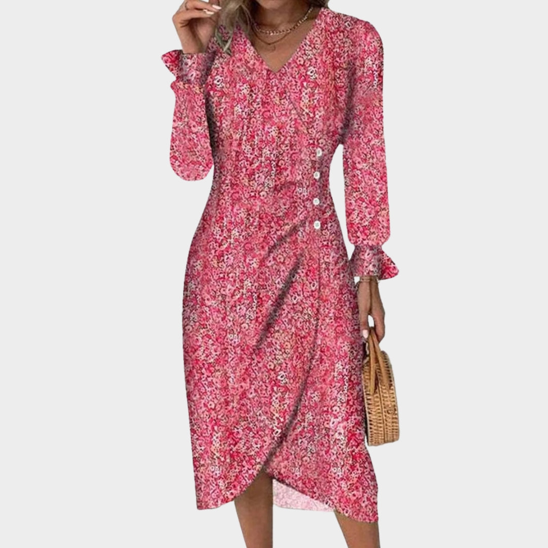 Spring Floral Bodycon Midi Dress – Women’s V-Neck, Long Sleeve, Close Fit, Vestido in Green, Black, Red, Blue