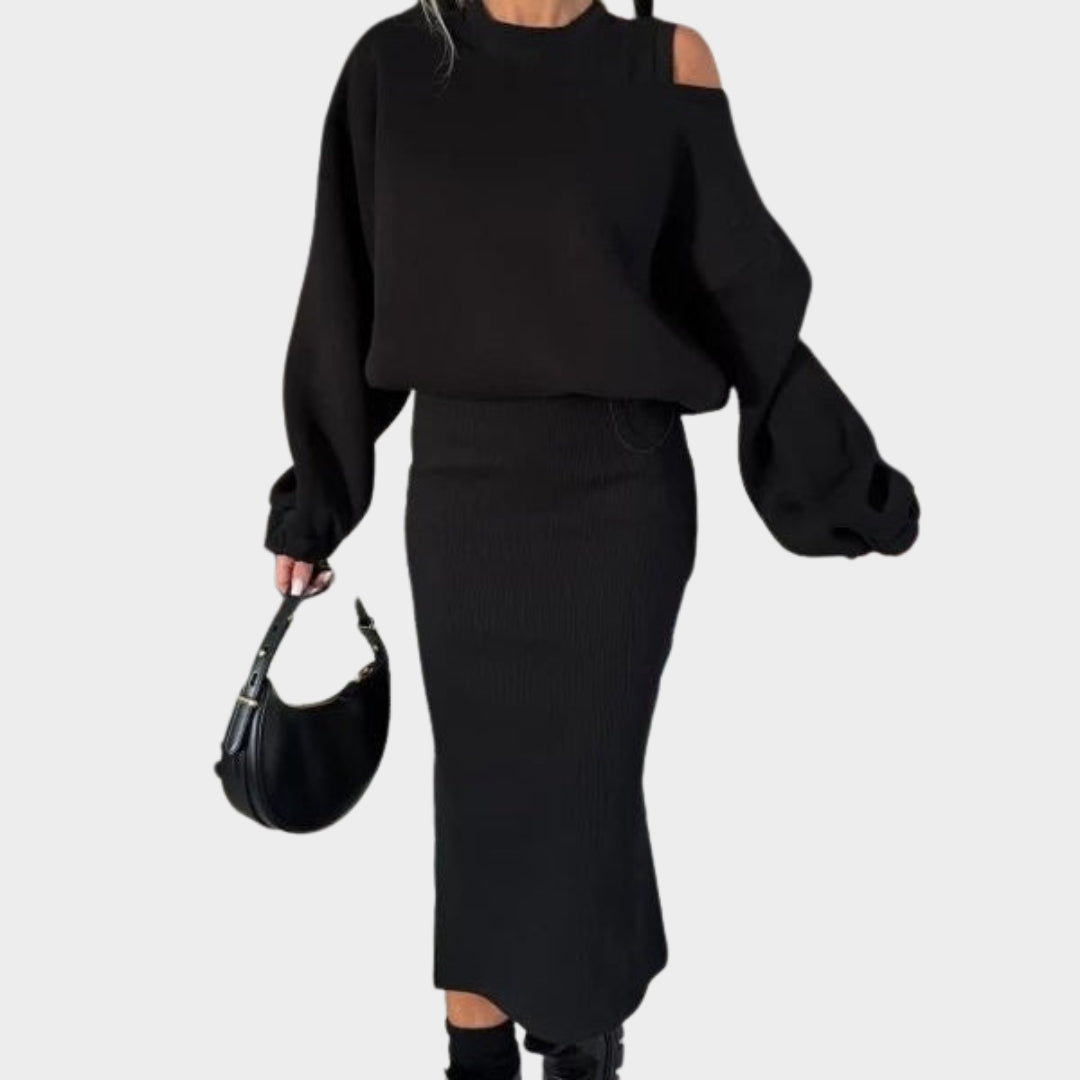 Women's Two-Piece Set - Cold Shoulder Sweatshirt & Sleeveless Dress - Chic & Stylish - Multiple Colours