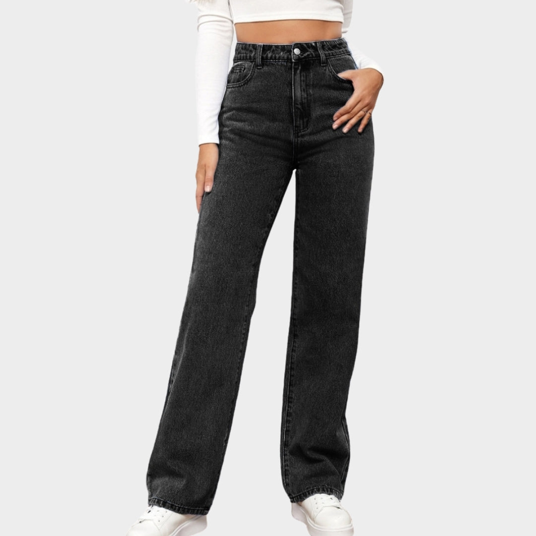 Women's High-Waist Straight Jeans - Vintage Washed Denim Pants with Pockets (Black, Blue, Light Blue)
