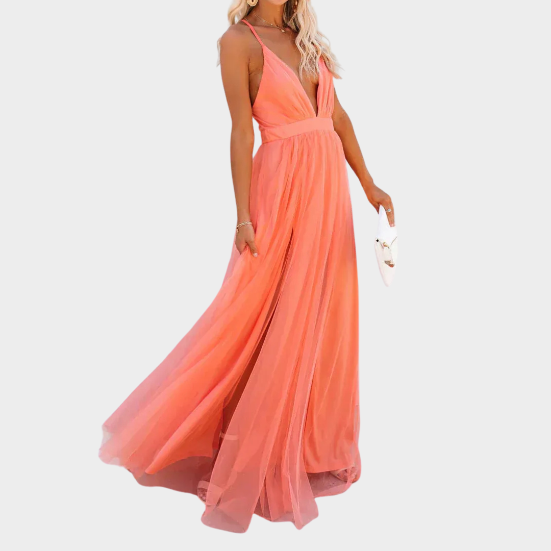 Women’s Sleeveless V-Neck Midi Dress – Backless Design with Elegant Slim Fit – Lightweight Comfortable Fabric – Orange