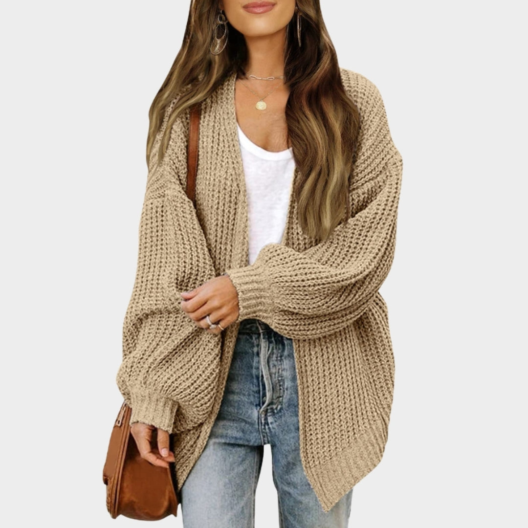 Women's Lantern Sleeve Thick Needle Cardigan – Cozy Knitted Sweater Coat, Black, Beige, and More