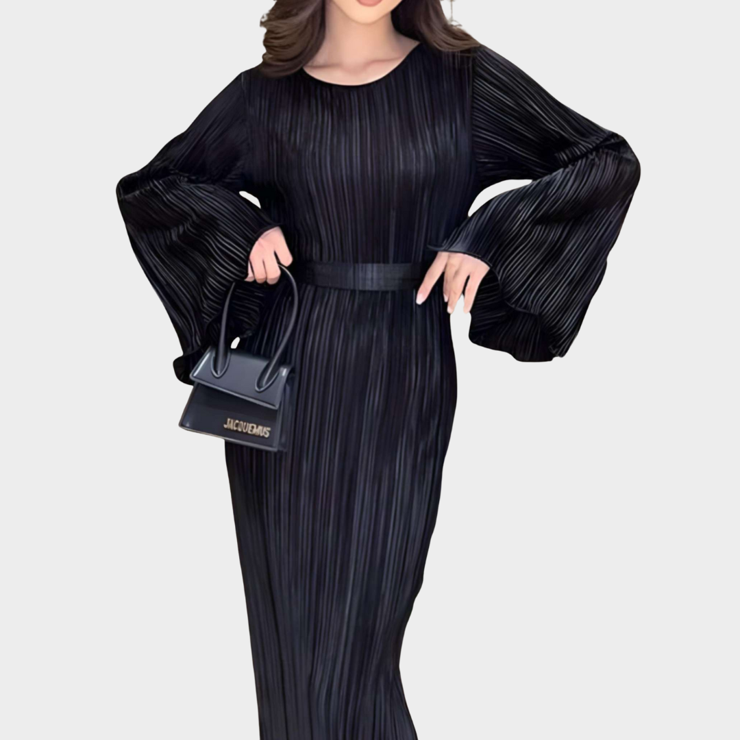 Women's Bodycon Pleated Dress – Elegant Long Sleeve Ankle-Length Dress – Slim Fit O-Neck – Lace-Up Waist – Multiple Colours
