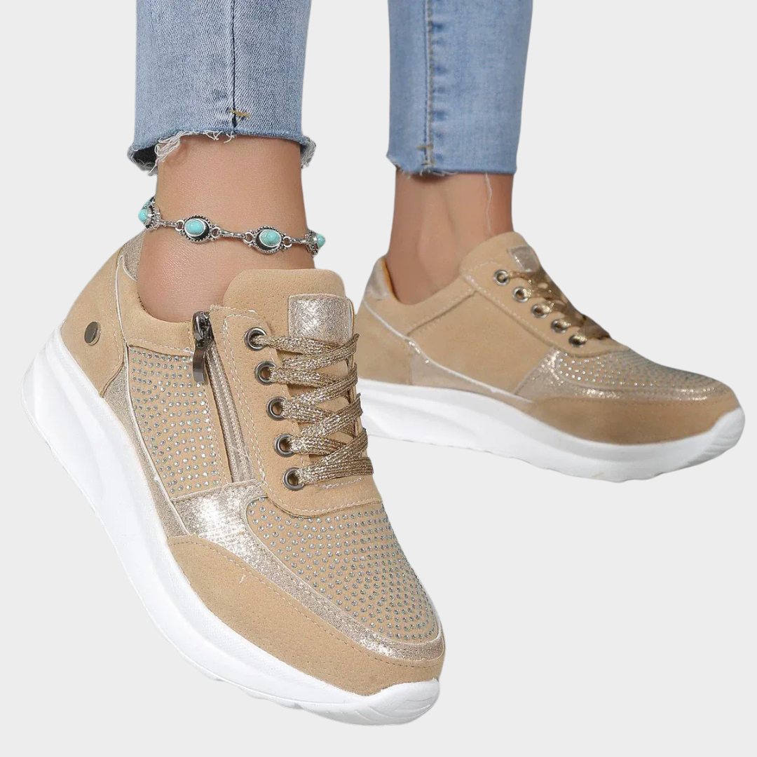 Women’s Platform Wedge Sneakers – Crystal Embellished Casual Style – Comfortable Sport Sole with Fashionable Lift – Multiple Colours