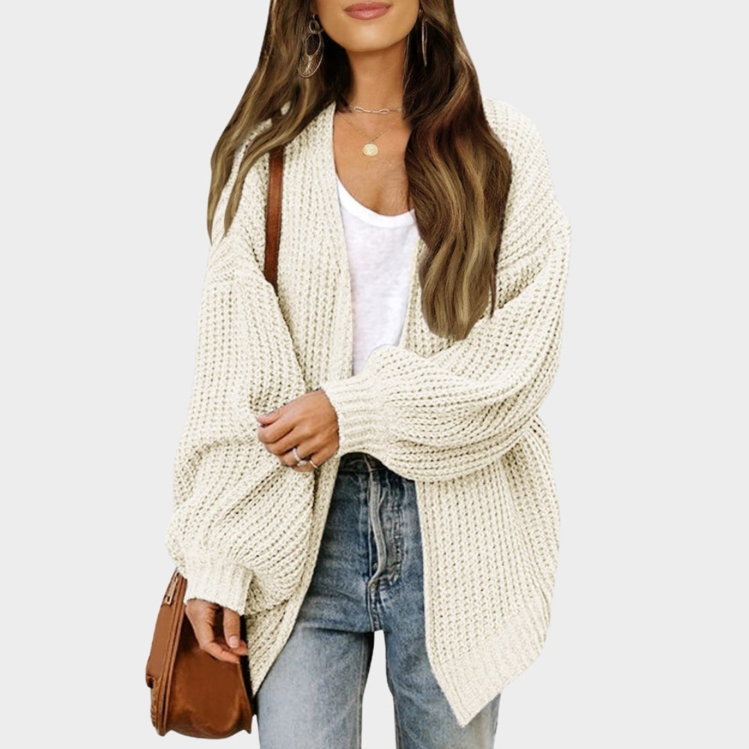 Women's Lantern Sleeve Thick Needle Cardigan – Cozy Knitted Sweater Coat, Black, Beige, and More