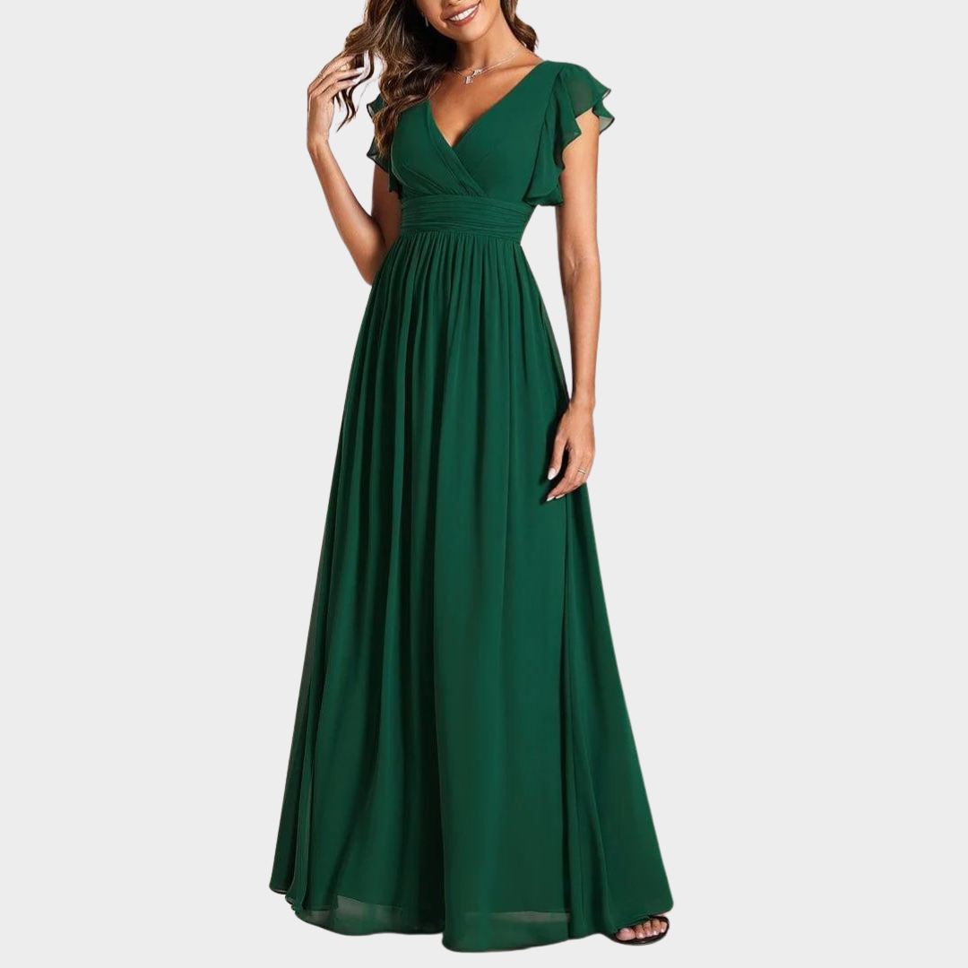 Women’s V-Neck Bridesmaid Dress – Elegant Chiffon Gown with Ruffled Sleeves and Open Back – Multiple Colours