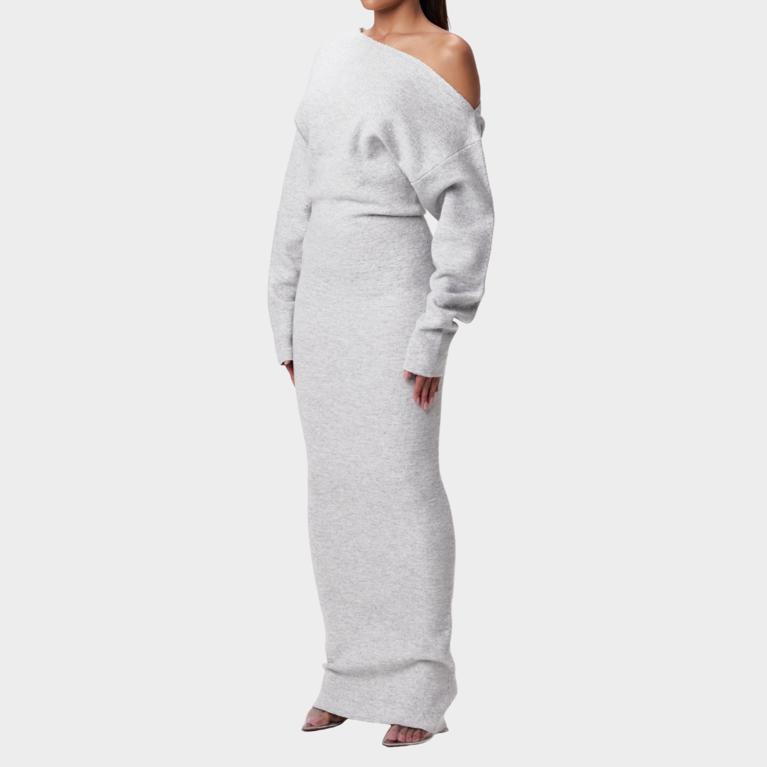 Women’s Long Dress – Off Shoulder Sloping Collar – Long Sleeve Solid Colour – Elegant Slim Fit Design – Multiple Colours