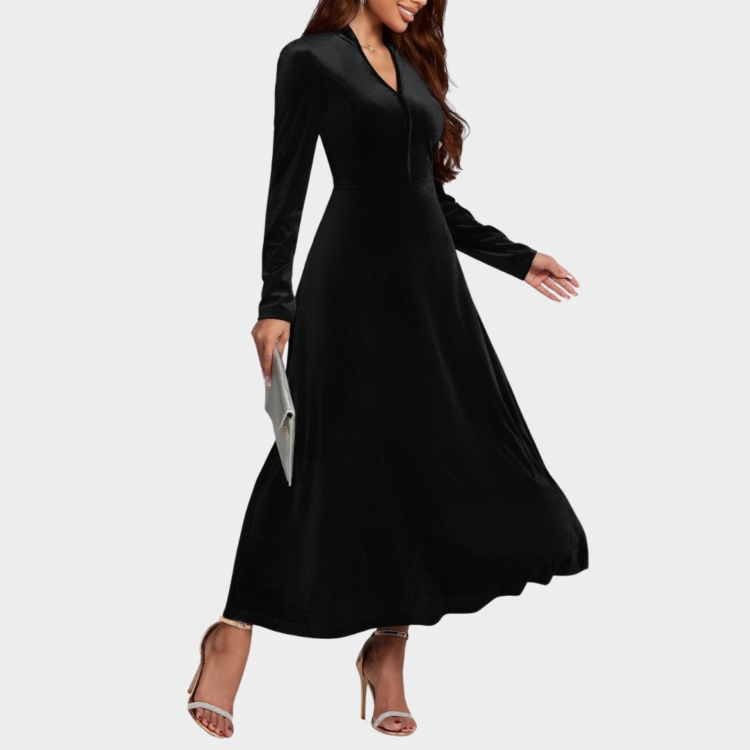 Women's Velvet Evening Dress - Long Sleeve - Elegant Maxi Dress - Luxurious & Flowy - Black
