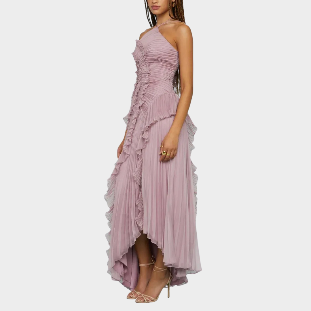 Women Pleated Frill Halter Neck Maxi Dress – Elegant Sleeveless High Stretch Dress with Asymmetrical Hem and Flowing Pleated Texture – Multiple Colours