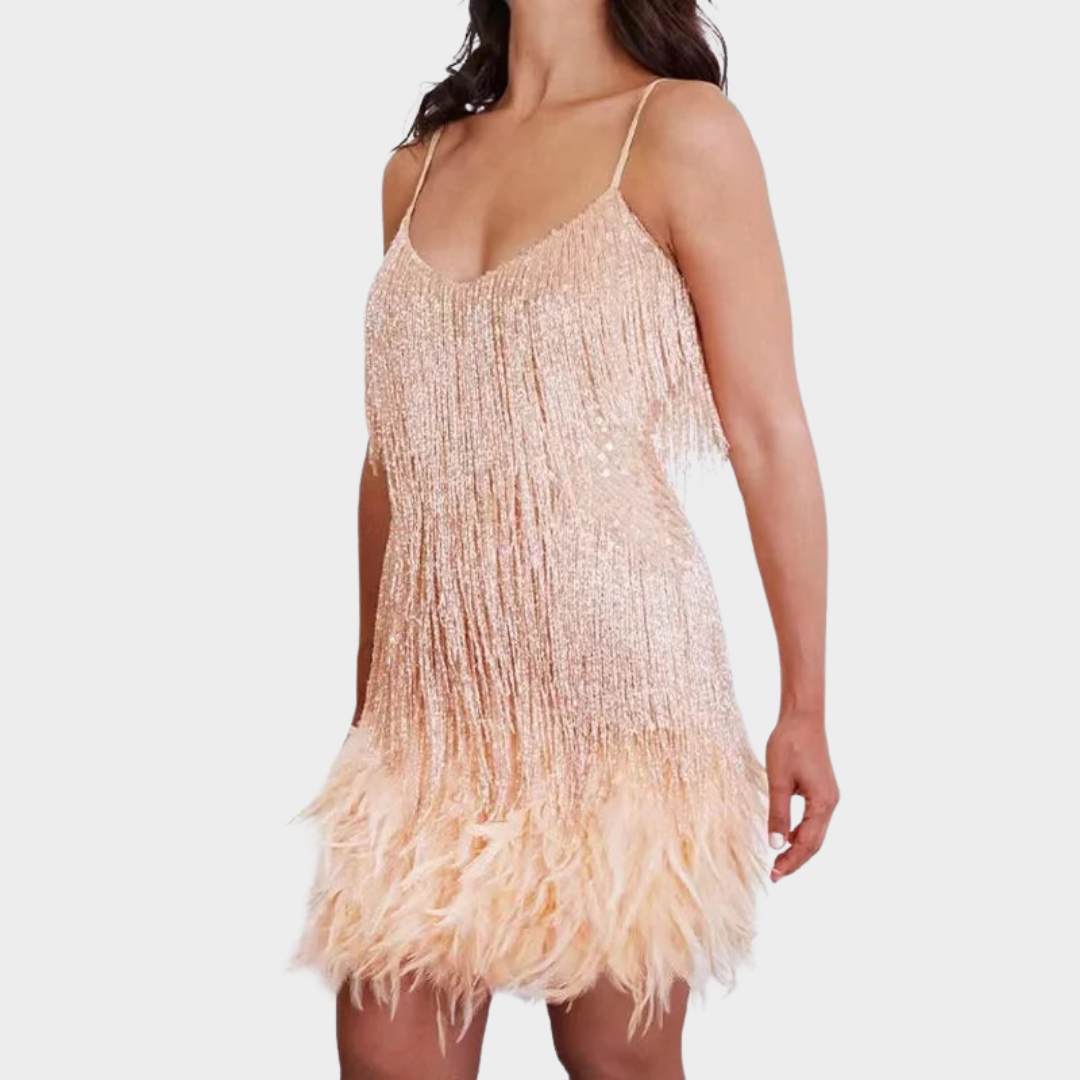 Women's Sequined Evening Dress – Sleeveless – V Neck – Tassels & Feather Detail – Multiple Colours