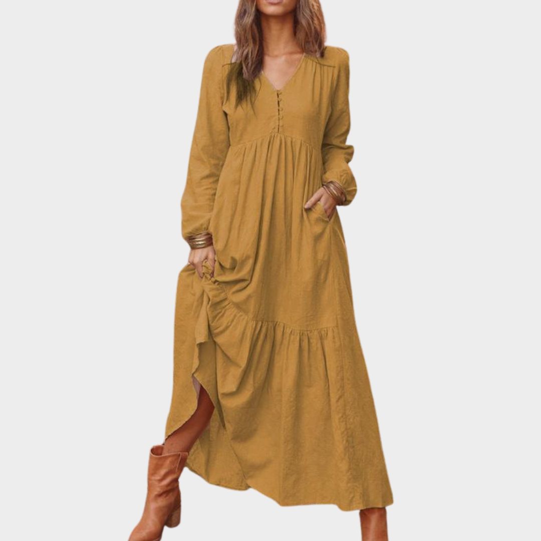 Women's Cotton and Linen Vintage Long Dress – V-Neck Maxi - Casual Loose Fit - Multiple Colors