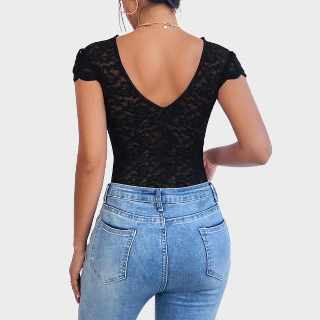 Women's Lace Romper – V Neck – Elastic Bodycon Fit – Hollow Mesh – Party Jumpsuit – Multiple Colours
