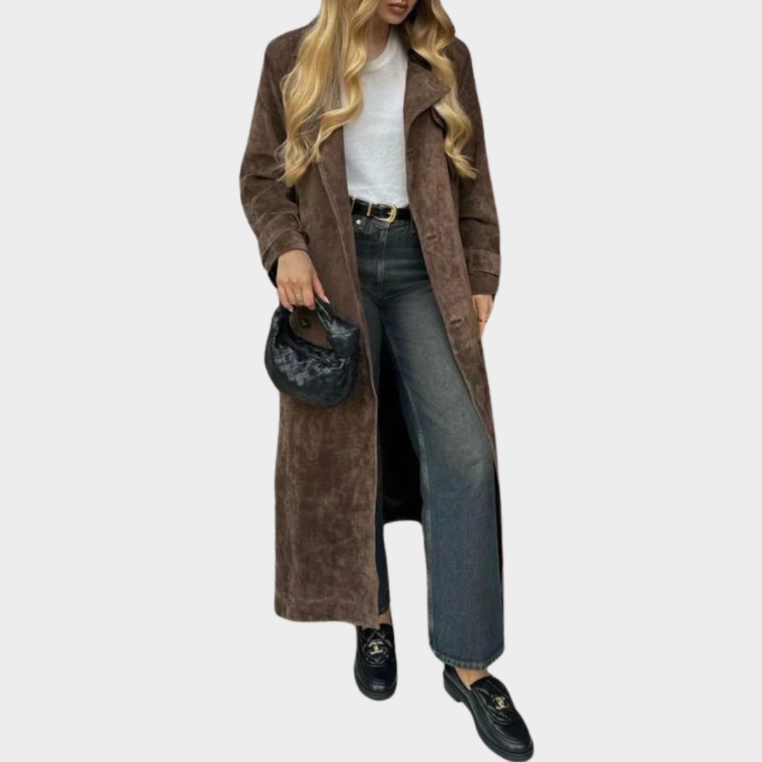 Women's Suede Leather Long Jacket – Button Down – Lapel Collar – Oversized Fit – Long Sleeve – Multiple Colours
