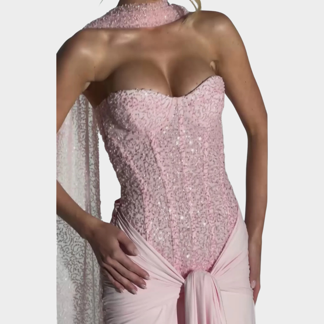 Women’s Off-Shoulder Evening Gown – Luxury Strapless Party Dress with Embellished Mesh Bodice and Slinky Jersey Skirt – Multiple Colours