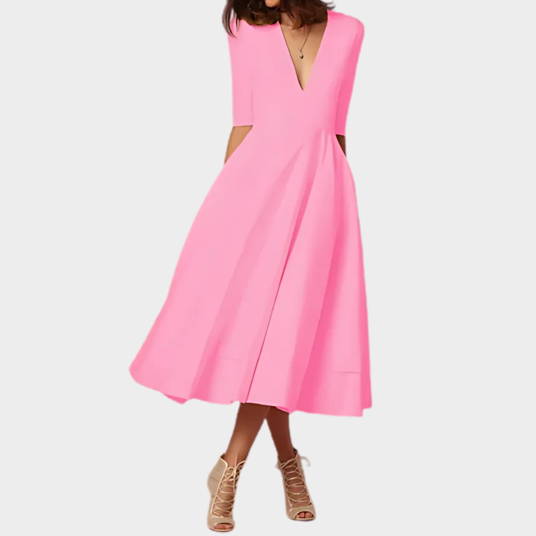 Women's Long V-Neck Slit Dress – Short Sleeve – Solid Colour – Elegant Fit – Lightweight Soft Fabric – Multiple Colours