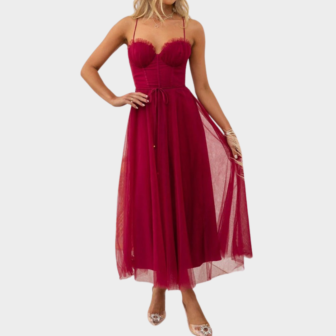 Women’s Long Backless Chiffon Dress – Spaghetti Strap Party Gown with Low Cut Lace-Up Back – Lightweight Mesh Fit – Multiple Colours