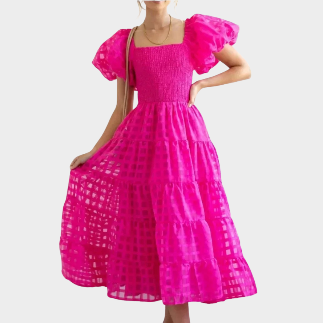 Women Slim Fit Dress – Short Sleeve French Vintage Style with Puff Sleeves and Square Neck – Multiple Colours