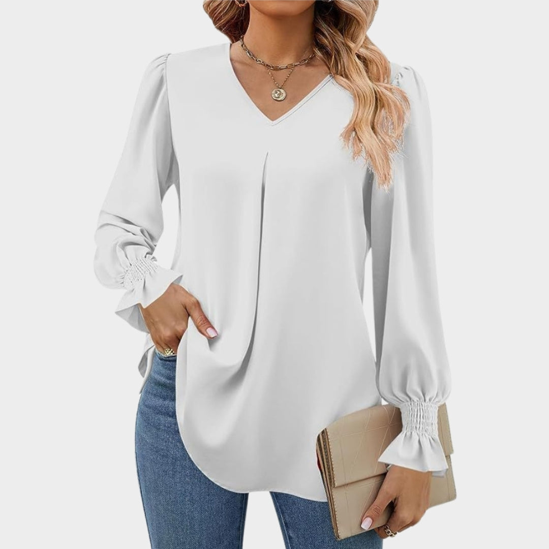 Women’s Chiffon V-Neck Blouse - Long Flared Sleeve Shirt, Loose Fit, Elegant Office Top