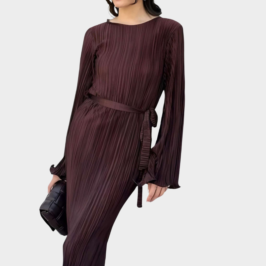 Women's Bodycon Pleated Dress – Elegant Long Sleeve Ankle-Length Dress – Slim Fit O-Neck – Lace-Up Waist – Multiple Colours
