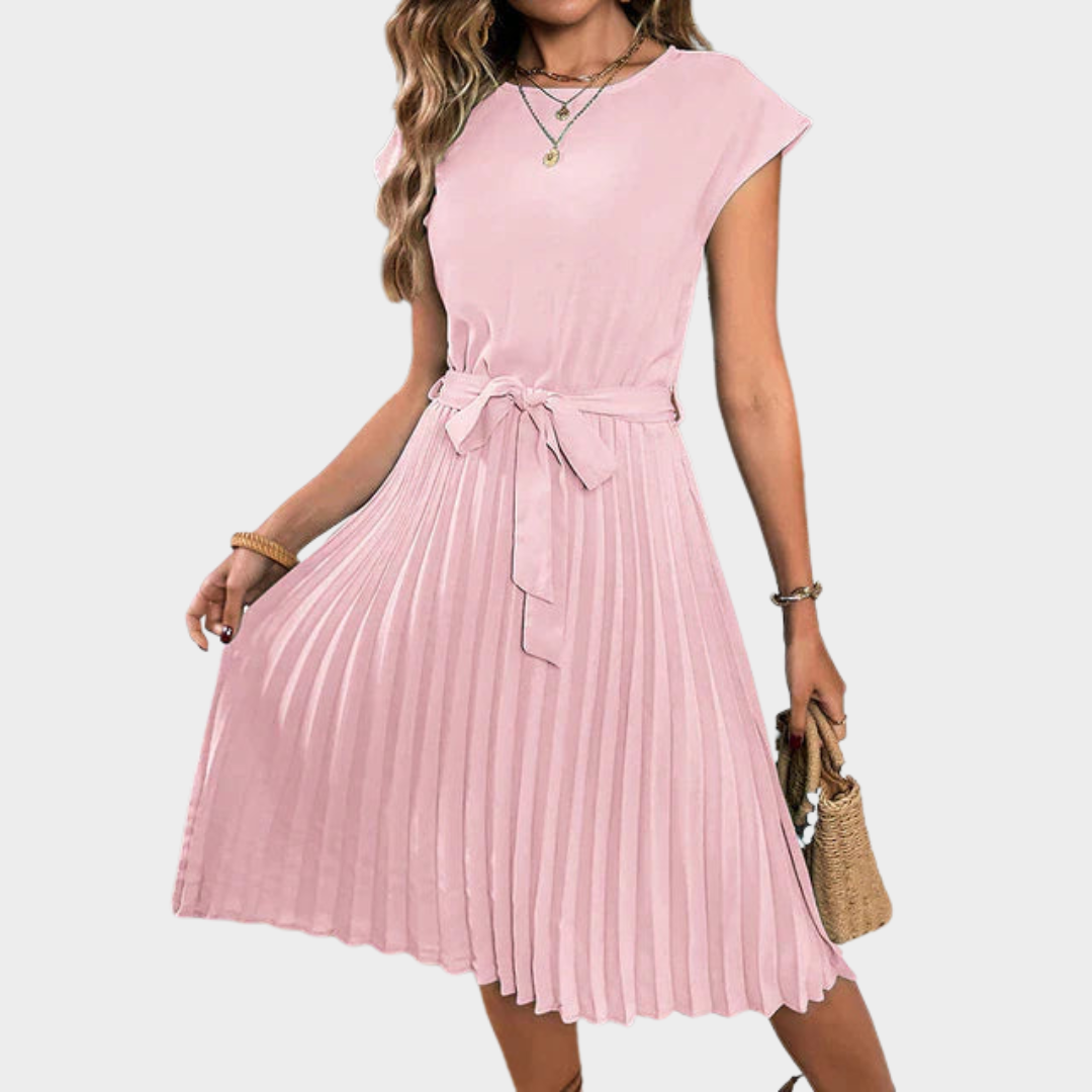 Women's Short Sleeve Pleated Midi Dress – Elegant & Flowy – O-Neck Tunic – Multiple Colours