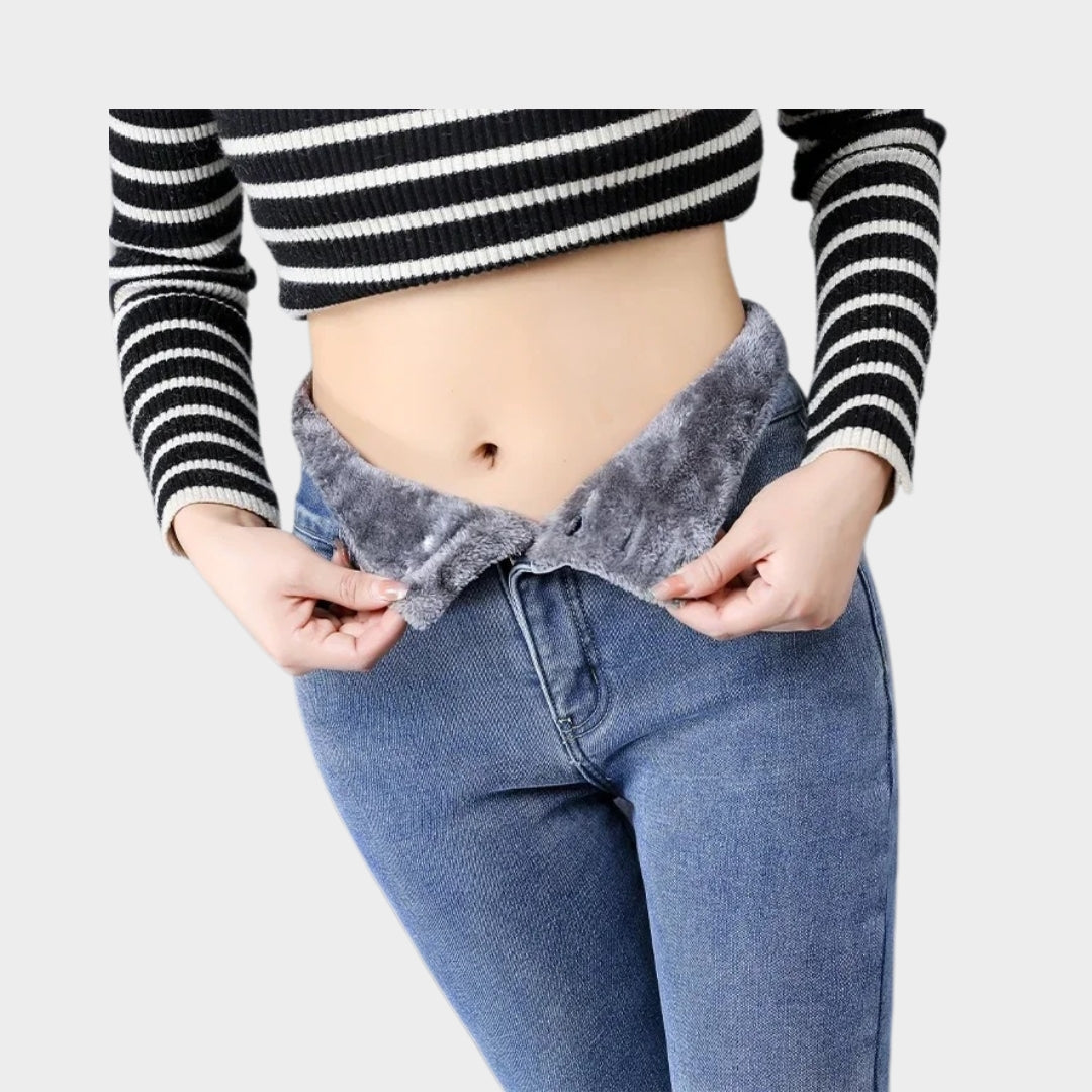 Women’s High Waist Skinny Jeans - Winter Thick Velvet Warm Fleece Denim Pants, Stretch Slim Fit, Blue Grey, Black, Vintage Blue, Grey