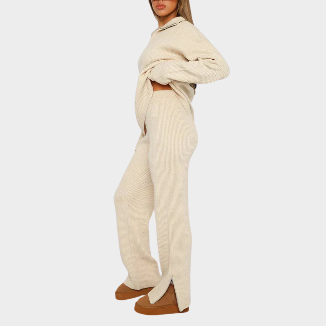 Women's Two-Piece Knitted Set – Long Sleeve – Lapel Collar – Soft Fabric – Multiple Colours