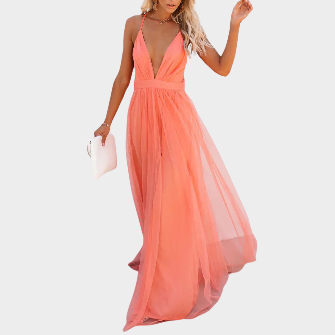 Women’s Sleeveless V-Neck Midi Dress – Backless Design with Elegant Slim Fit – Lightweight Comfortable Fabric – Orange