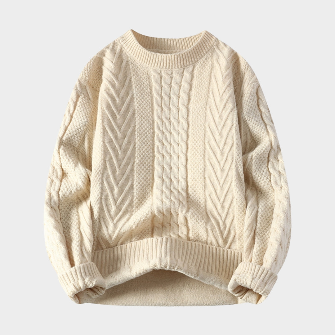 Men's Plush Long Sleeve Sweater - Warm Knitted Round Neck for Autumn & Winter (Black, Beige, and More)