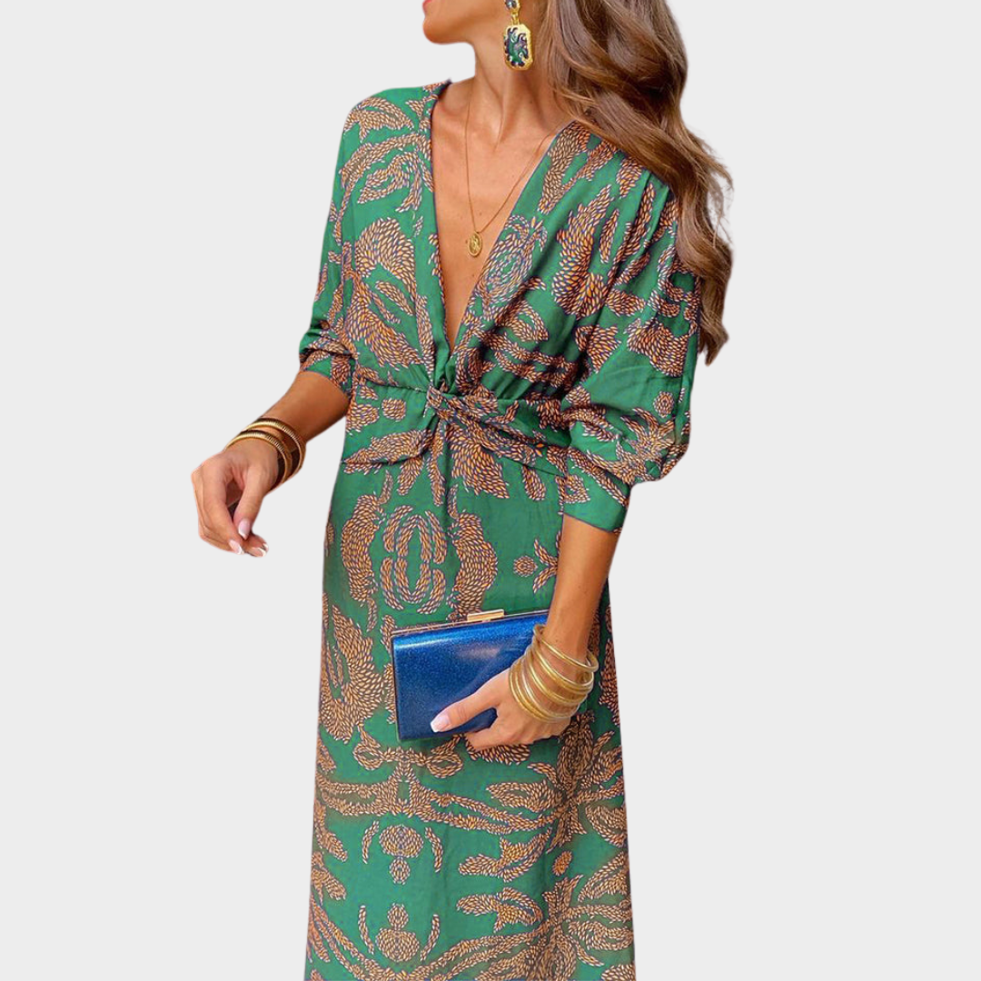 Women's Retro Printed Midi Dress – Elegant Round Neck Long Sleeve Party Dress – Multiple Colours