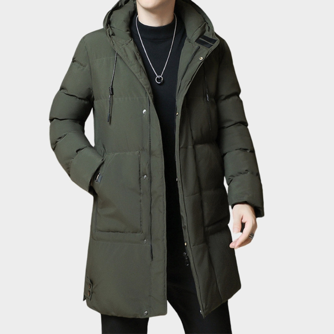 New Winter Men's Long Coat - Down Cotton, Thickened Warm Korean Style, Youth Fashion, Grey, Black, Army Green