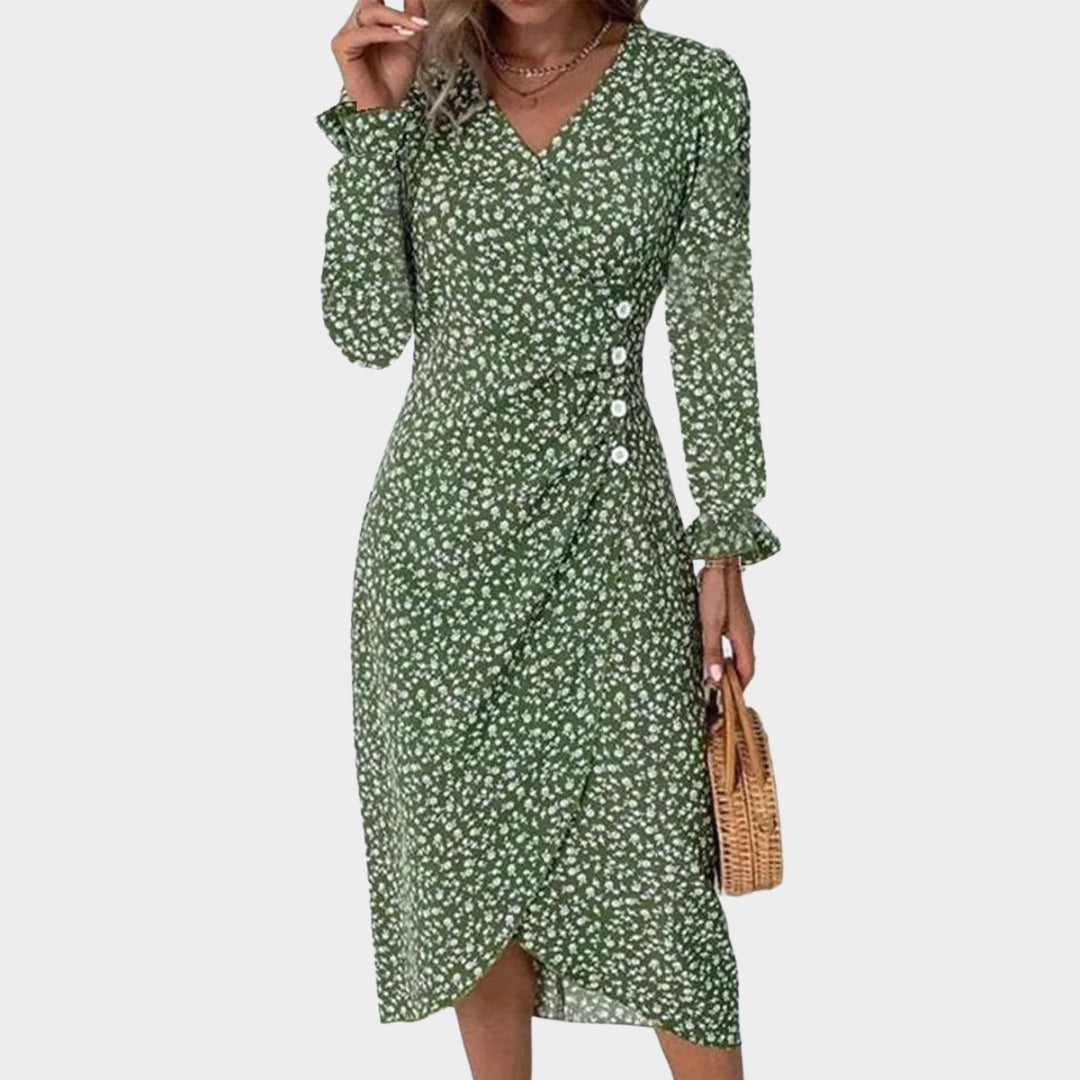 Spring Floral Bodycon Midi Dress – Women’s V-Neck, Long Sleeve, Close Fit, Vestido in Green, Black, Red, Blue