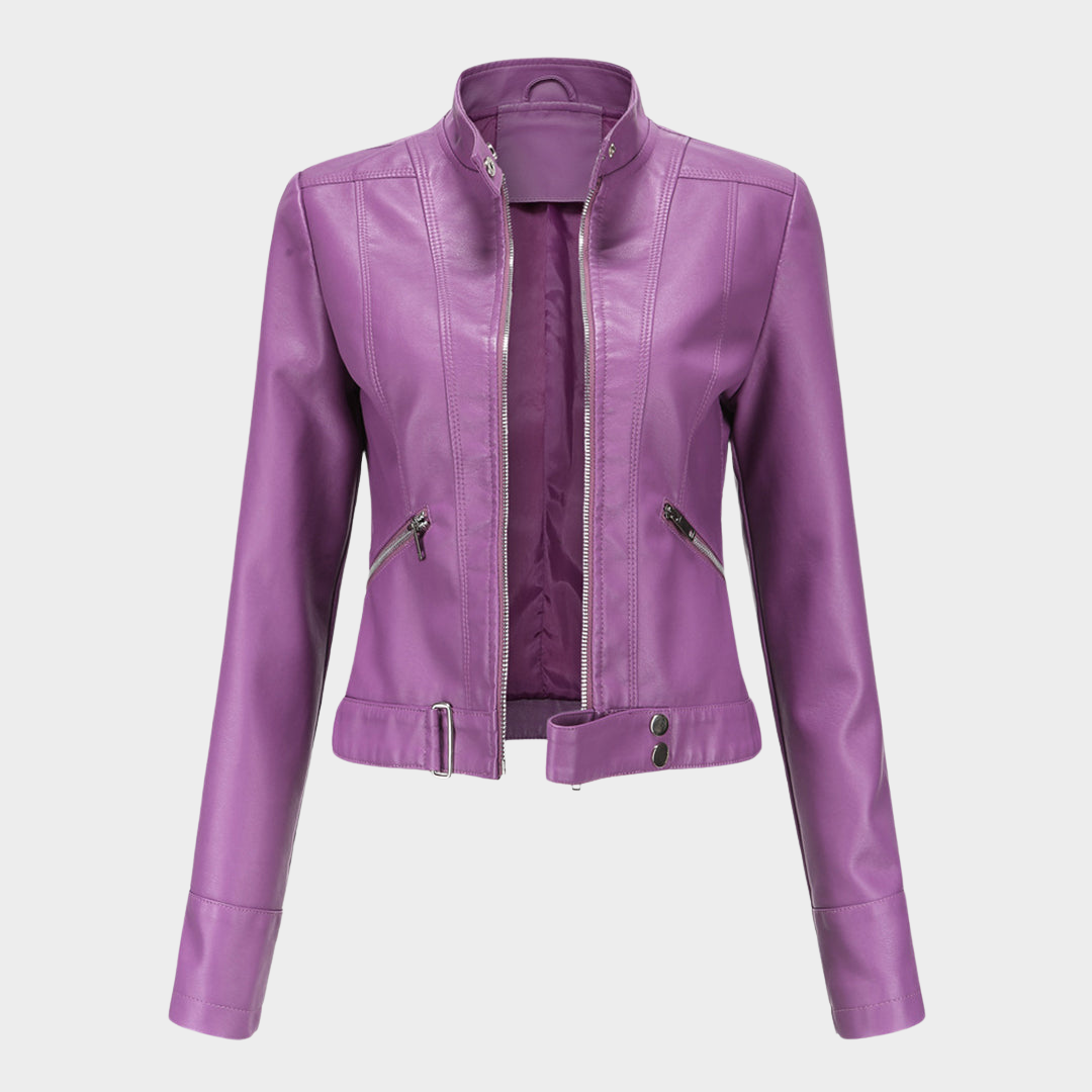 Women's Slim Fit Leather Jacket – Short Length – Stand Collar – Stylish Outerwear – Multiple Colours