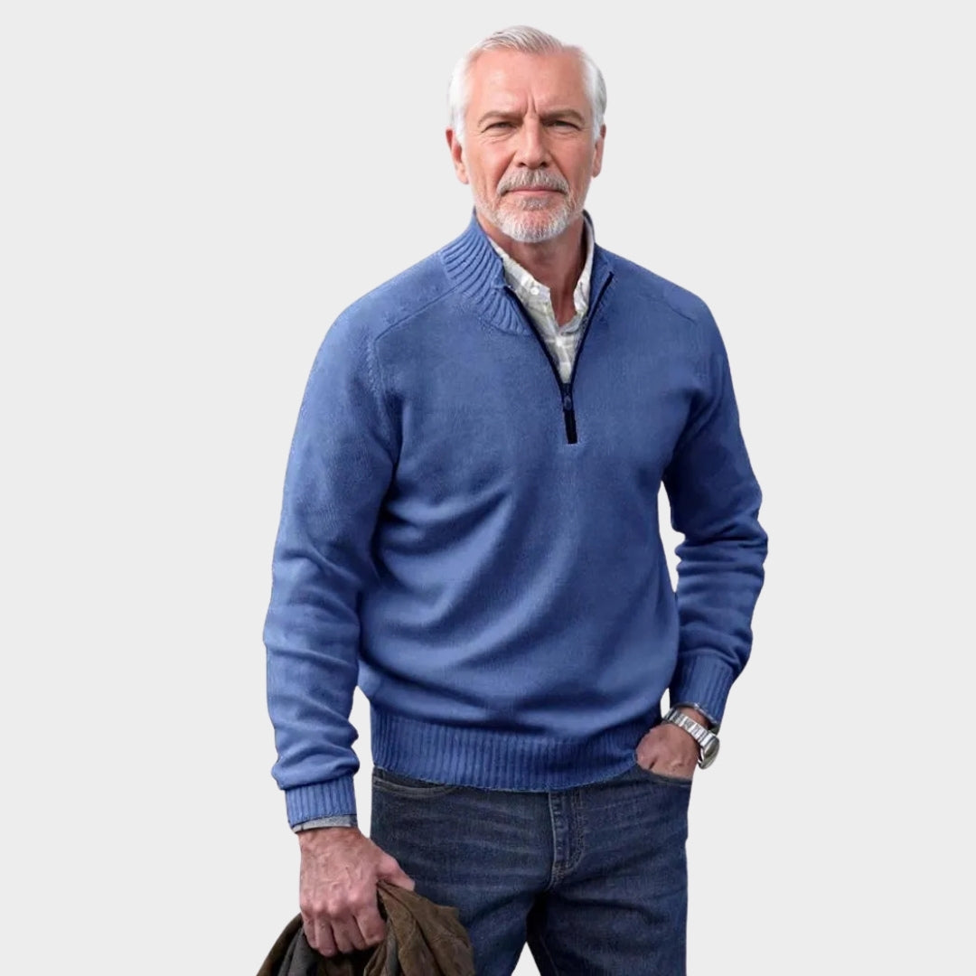 Men's Cashmere Zipper Sweater – Fleece Thick Half-Zip Turtleneck, Purple/White/Blue/and More