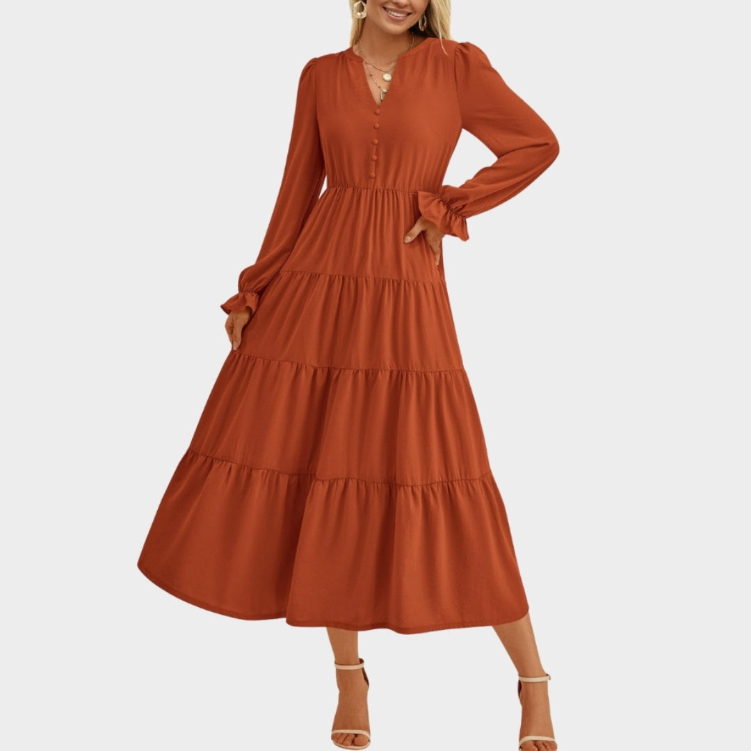 Women’s High-Waist A-Line Dress - V-Neck, Layered Ruffles, Button Embellished, Long Sleeve, Wine, Black, and More