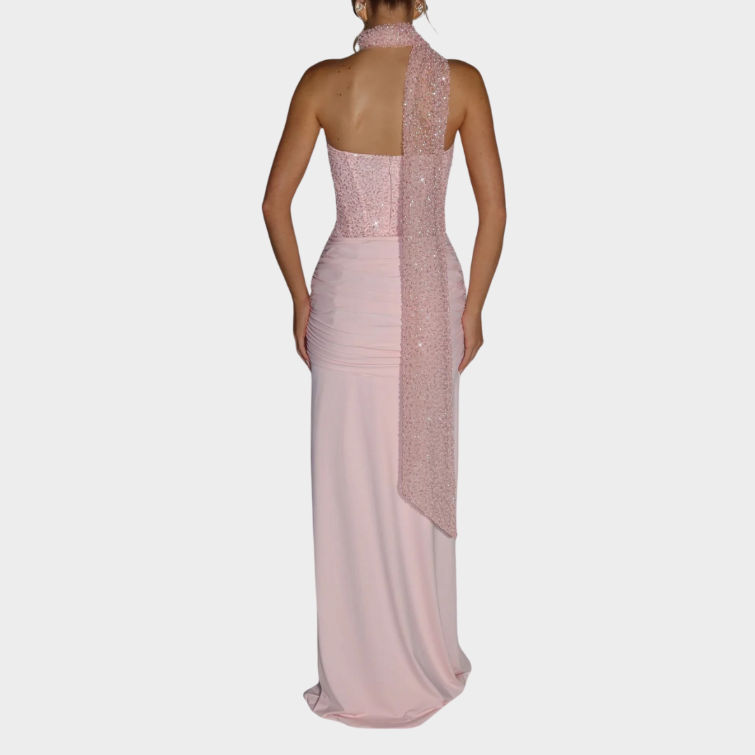 Women’s Off-Shoulder Evening Gown – Luxury Strapless Party Dress with Embellished Mesh Bodice and Slinky Jersey Skirt – Multiple Colours