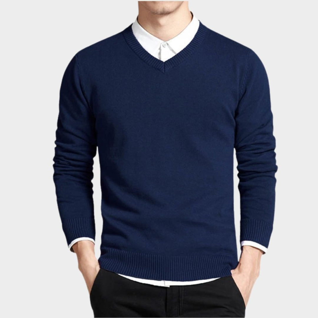 Men's V-Neck Cotton Sweater – Long Sleeve Loose Fit Knitwear, Korean Style, Black/Blue/White/and More