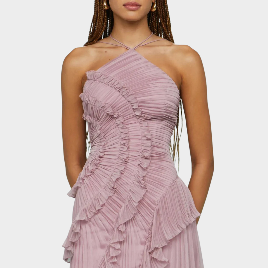 Women Pleated Frill Halter Neck Maxi Dress – Elegant Sleeveless High Stretch Dress with Asymmetrical Hem and Flowing Pleated Texture – Multiple Colours