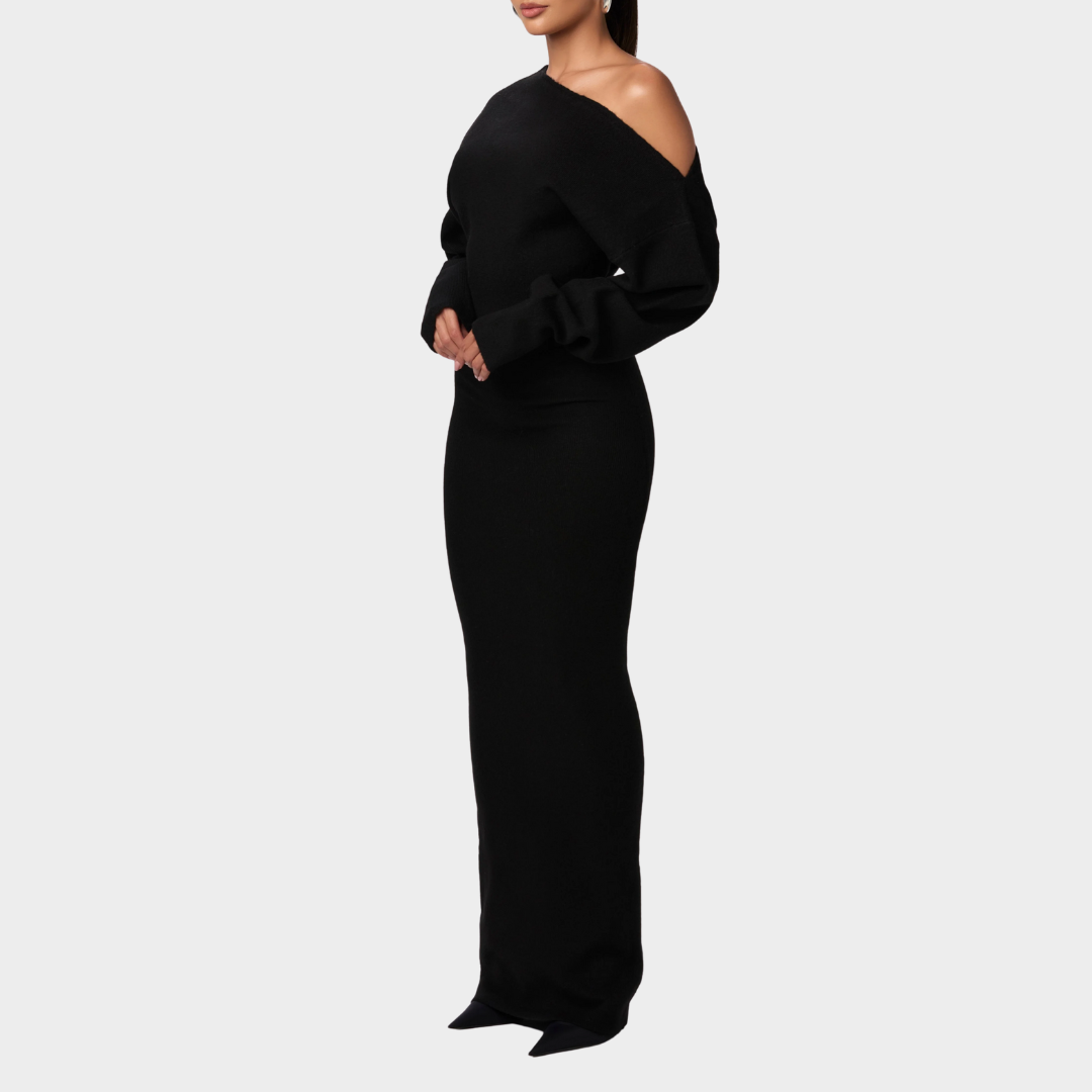Women’s Long Dress – Off Shoulder Sloping Collar – Long Sleeve Solid Colour – Elegant Slim Fit Design – Multiple Colours