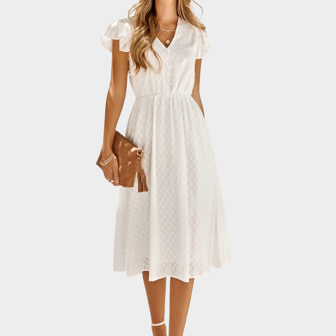 Women’s V-Neck Buttoned Midi Dress – Elegant Flutter Short Sleeve Fit with Solid Colour Design – Soft Lightweight Fabric – Multiple Colours