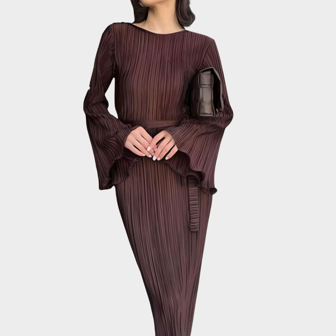 Women's Bodycon Pleated Dress – Elegant Long Sleeve Ankle-Length Dress – Slim Fit O-Neck – Lace-Up Waist – Multiple Colours