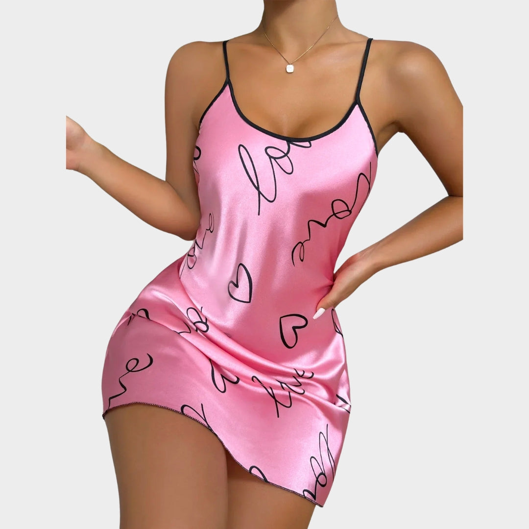 Women's Satin Nightdress - Heart Print - Scoop Neck & Criss-Cross Back - Soft & Comfortable Sleepwear